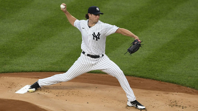 NEW YORK, NEW YORK - AUGUST 03: Gerrit Cole #45 of the New York Yankees pitches during the first inning against the Philadelphia Phillies at Yankee Stadium on August 03, 2020 in the Bronx borough of New York City.