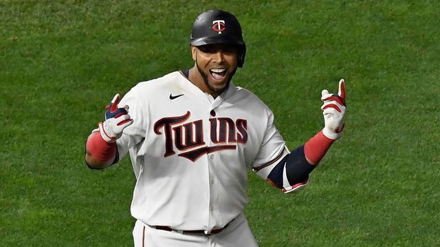 MINNEAPOLIS, MINNESOTA - AUGUST 03: Nelson Cruz #23 of the Minnesota Twins celebrates hitting a walk-off double against the Pittsburgh Pirates after the game at Target Field on August 3, 2020 in Minneapolis, Minnesota. The Twins defeated the Pirates 5-4.