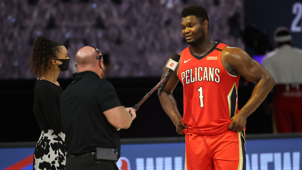 Orlando, FL - AUGUST 3: Zion Williamson #1 of the New Orleans Pelicans is interviewed on the court after the game against the Memphis Grizzlies on August 3, 2020 at HP Field House at ESPN Wide World of Sports in Orlando, Florida. NOTE TO USER: User expressly acknowledges and agrees that, by downloading and/or using this Photograph, user is consenting to the terms and conditions of the Getty Images License Agreement. Mandatory Copyright Notice: Copyright 2020 NBAE
