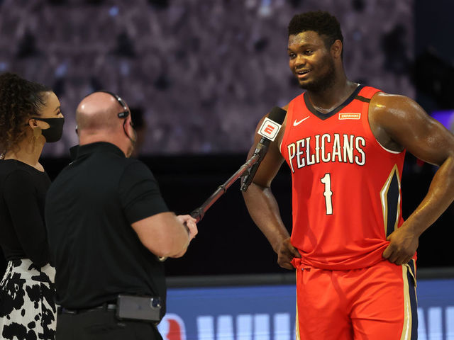 Orlando, FL - AUGUST 3: Zion Williamson #1 of the New Orleans Pelicans is interviewed on the court after the game against the Memphis Grizzlies on August 3, 2020 at HP Field House at ESPN Wide World of Sports in Orlando, Florida. NOTE TO USER: User expressly acknowledges and agrees that, by downloading and/or using this Photograph, user is consenting to the terms and conditions of the Getty Images License Agreement. Mandatory Copyright Notice: Copyright 2020 NBAE