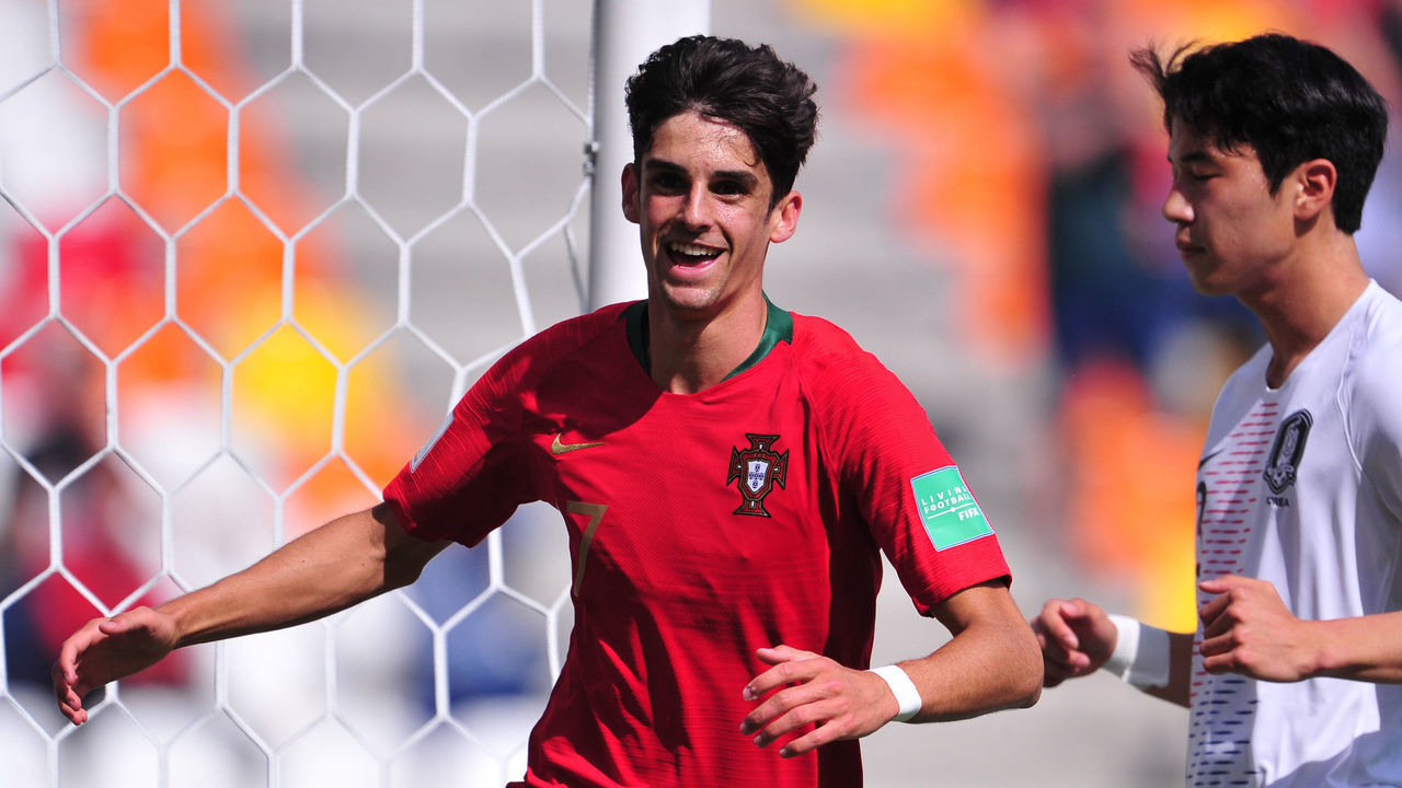 BIELSKO-BIALA, POLAND - MAY 25: Francisco Antonio Machado Mota De Castro Trincao of Portugal celebrates scoring a goal during the FIFA U-20 World Cup match between Portugal and Korea Republic on May 25, 2019 in Bielsko-Biala, Poland.