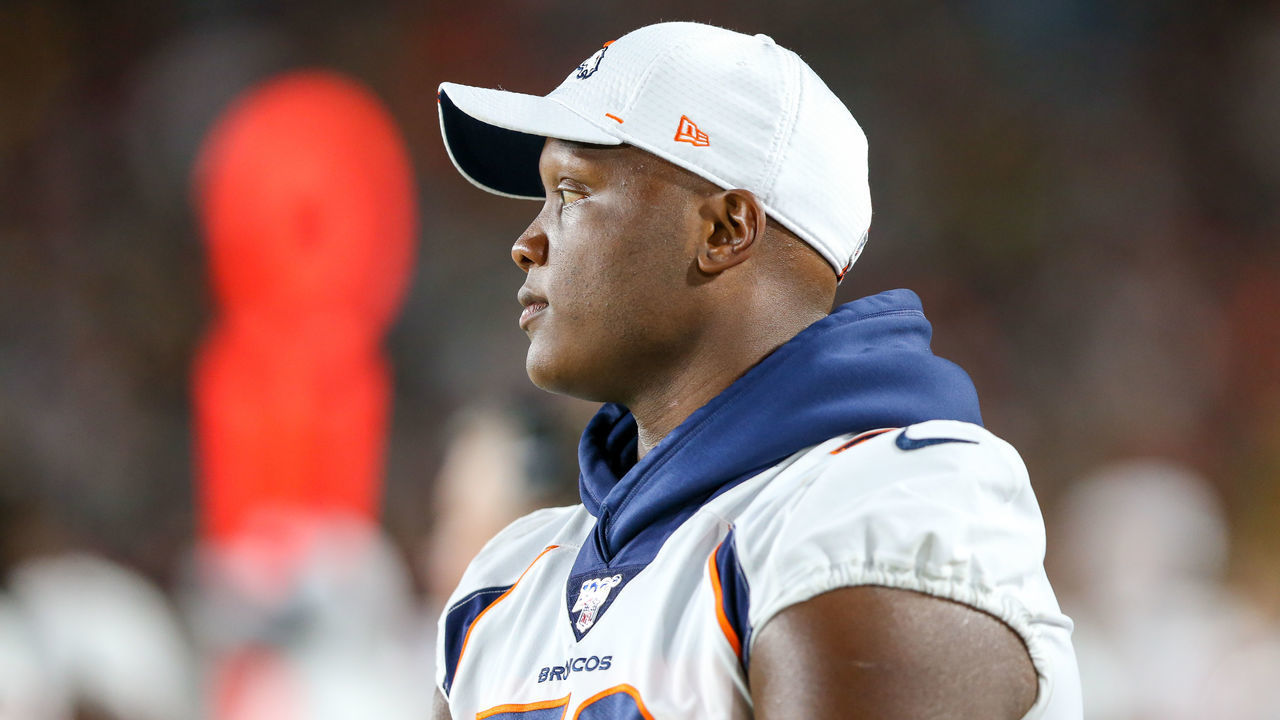 LOS ANGELES, CA - AUGUST 24: Denver Broncos offensive tackle Ja'Wuan James #70 looks at his teammates play during the preseason football game between the Denver Broncos and the Los Angeles Rams on August 24, 2019 at the Los Angeles Memorial Coliseum in Los Angeles, CA.