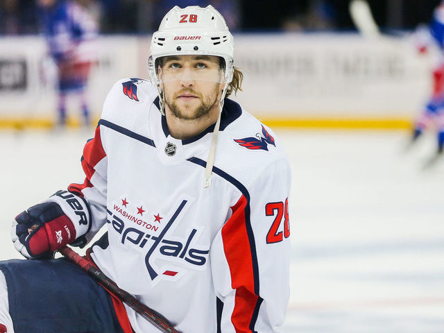NEW YORK, NY - MARCH 05: Washington Capitals Left Wing Brendan Leipsic (28) is pictured prior to the National Hockey League game between the Washington Capitals and the New York Rangers on March 5, 2020 at Madison Square Garden in New York, NY.