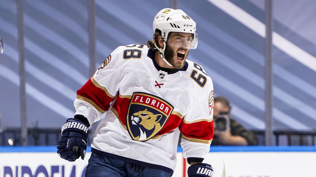 TORONTO, ONTARIO - AUGUST 04: Mike Hoffman #68 of the Florida Panthers celebrates his goal against the New York Islanders during the first period in Game Two of the Eastern Conference Qualification Round at Scotiabank Arena on August 04, 2020 in Toronto, Ontario.