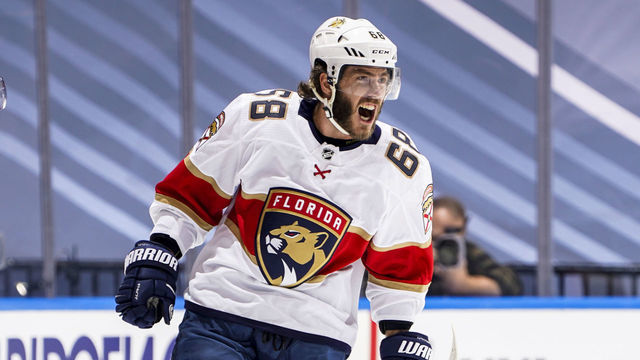 TORONTO, ONTARIO - AUGUST 04: Mike Hoffman #68 of the Florida Panthers celebrates his goal against the New York Islanders during the first period in Game Two of the Eastern Conference Qualification Round at Scotiabank Arena on August 04, 2020 in Toronto, Ontario.