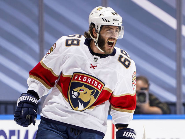 TORONTO, ONTARIO - AUGUST 04: Mike Hoffman #68 of the Florida Panthers celebrates his goal against the New York Islanders during the first period in Game Two of the Eastern Conference Qualification Round at Scotiabank Arena on August 04, 2020 in Toronto, Ontario.