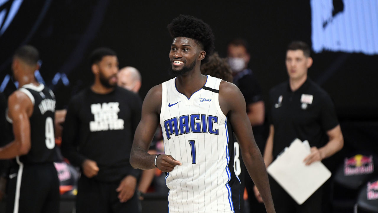 Orlando, FL - JULY 31: Jonathan Isaac #1 of the Orlando Magic smiles during the game against the Brooklyn Nets on July 31, 2020 at The HP Field House at ESPN Wide World Of Sports Complex in Orlando, Florida. NOTE TO USER: User expressly acknowledges and agrees that, by downloading and/or using this Photograph, user is consenting to the terms and conditions of the Getty Images License Agreement. Mandatory Copyright Notice: Copyright 2020 NBAE