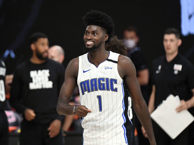 Orlando, FL - JULY 31: Jonathan Isaac #1 of the Orlando Magic smiles during the game against the Brooklyn Nets on July 31, 2020 at The HP Field House at ESPN Wide World Of Sports Complex in Orlando, Florida. NOTE TO USER: User expressly acknowledges and agrees that, by downloading and/or using this Photograph, user is consenting to the terms and conditions of the Getty Images License Agreement. Mandatory Copyright Notice: Copyright 2020 NBAE