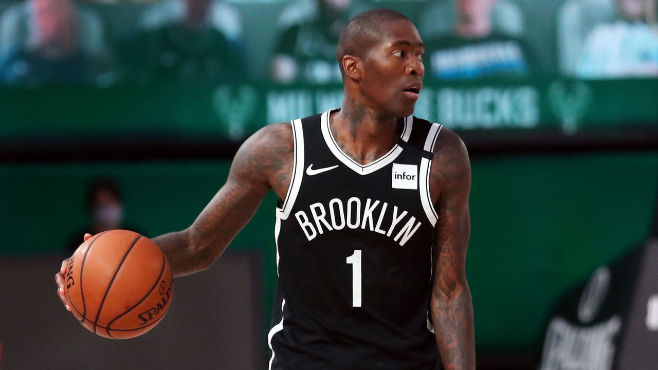 Orlando, FL - AUGUST 4: Jamal Crawford #1 of the Brooklyn Nets handles the ball during the game against the Milwaukee Bucks on August 4, 2020 at The HP Field House at ESPN Wide World Of Sports Complex in Orlando, Florida. NOTE TO USER: User expressly acknowledges and agrees that, by downloading and/or using this Photograph, user is consenting to the terms and conditions of the Getty Images License Agreement. Mandatory Copyright Notice: Copyright 2020 NBAE