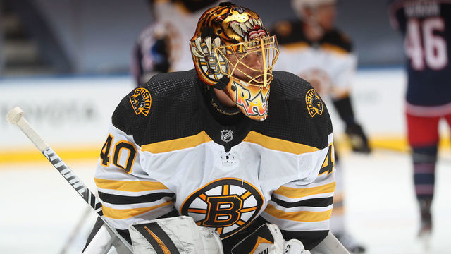 TORONTO, ONTARIO - JULY 30: Goaltender Tuukka Rask #40 of the Boston Bruins warms up before an exhibition game against the Columbus Blue Jackets prior to the 2020 NHL Stanley Cup Playoffs at Scotiabank Arena on July 30, 2020 in Toronto, Ontario.