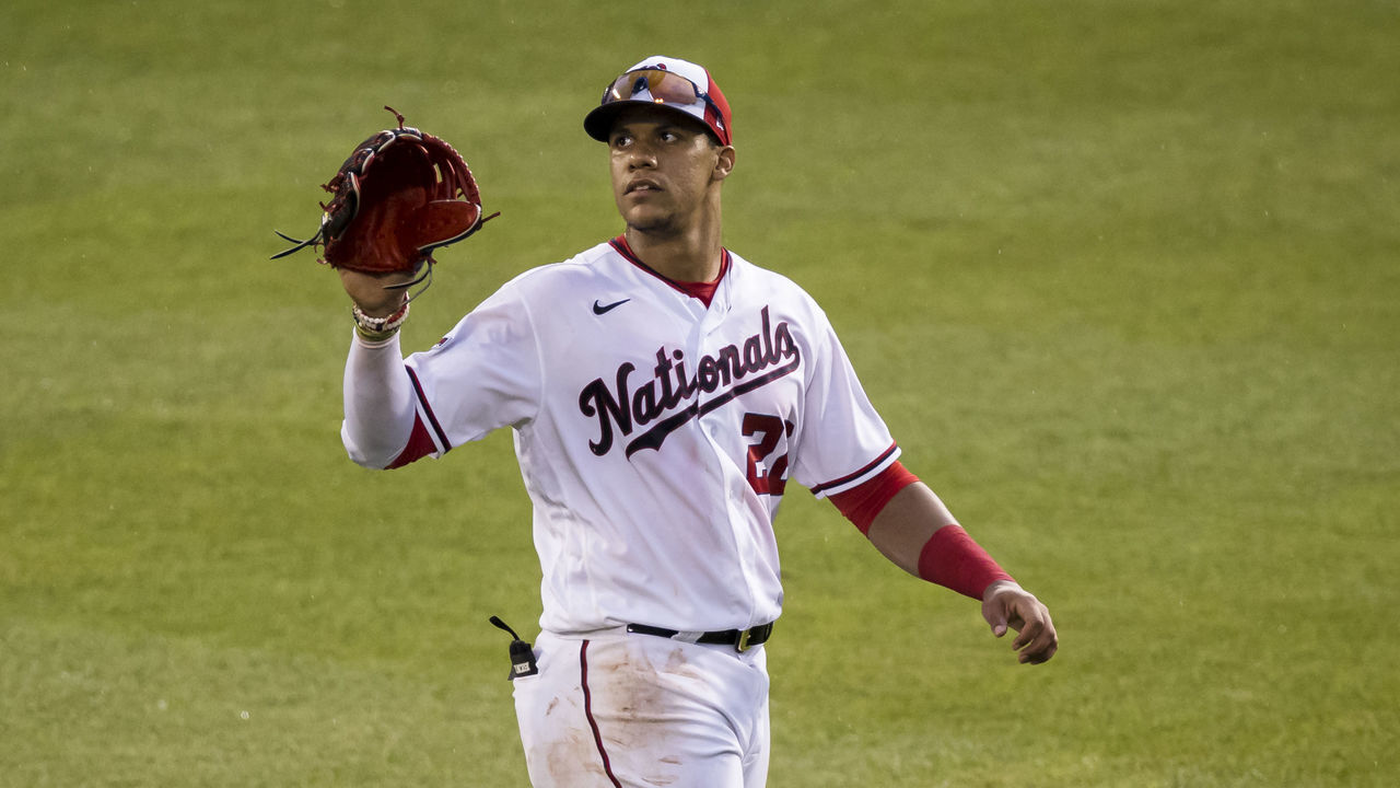 WASHINGTON, DC - JULY 21: Juan Soto #22 of the Washington Nationals looks on during the fifth inning of the game against the Baltimore Orioles at Nationals Park on July 21, 2020 in Washington, DC.