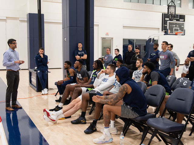 MINNEAPOLIS, MN - MARCH 09: Dr. Robby Sikka leads a team meeting about COVID-19 with the Minnesota Timberwolves at the teams practice facility in downtown Minneapolis, Minnesota on March 09, 2020. The Timberwolves left for what was supposed to be a two week road trip before the NBA season was suspended two days later, on March 11.
