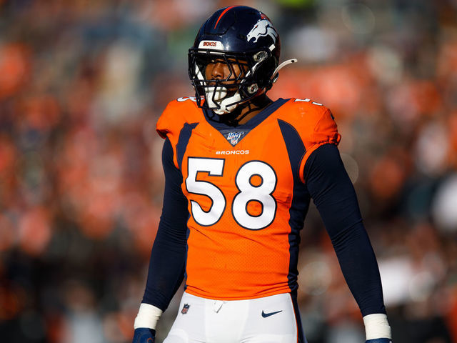 DENVER, CO - DECEMBER 29: Outside Linebacker Von Miller #58 of the Denver Broncos defends on the play against the Oakland Raiders during the second quarter at Empower Field at Mile High on December 29, 2019 in Denver, Colorado. The Broncos defeated the Raiders 16-15.