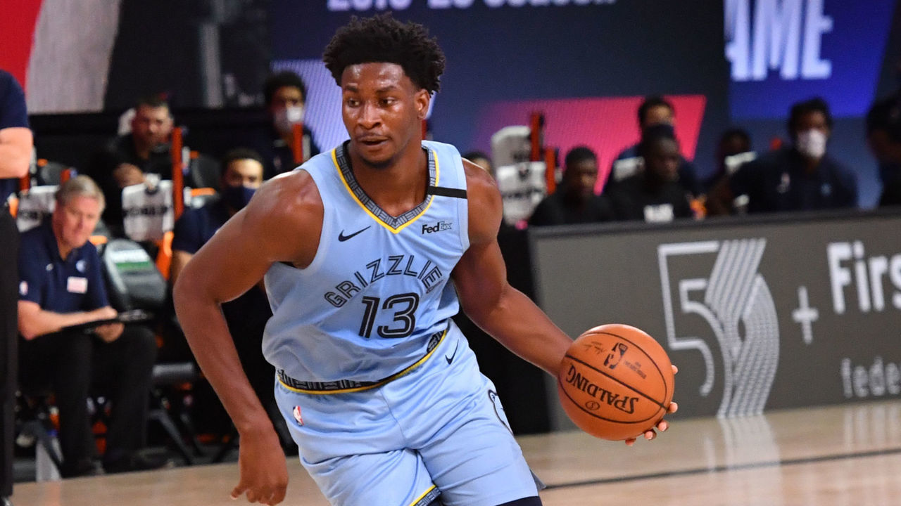 Orlando, FL - JULY 31: Jaren Jackson Jr. #13 of the Memphis Grizzlies handles the ball against the Portland Trail Blazers on July 31, 2020 at The Arena at ESPN Wide World Of Sports Complex in Orlando, Florida. NOTE TO USER: User expressly acknowledges and agrees that, by downloading and/or using this Photograph, user is consenting to the terms and conditions of the Getty Images License Agreement. Mandatory Copyright Notice: Copyright 2020 NBAE