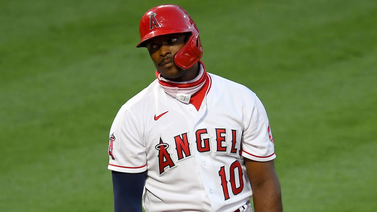 ANAHEIM, CA - JULY 30: Justin Upton #10 of the Los Angeles Angels reacts after he was called out on strikes in the fifth inning of the game against the Seattle Mariners at Angel Stadium of Anaheim on July 30, 2020 in Anaheim, California.