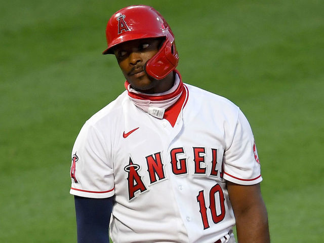 ANAHEIM, CA - JULY 30: Justin Upton #10 of the Los Angeles Angels reacts after he was called out on strikes in the fifth inning of the game against the Seattle Mariners at Angel Stadium of Anaheim on July 30, 2020 in Anaheim, California.