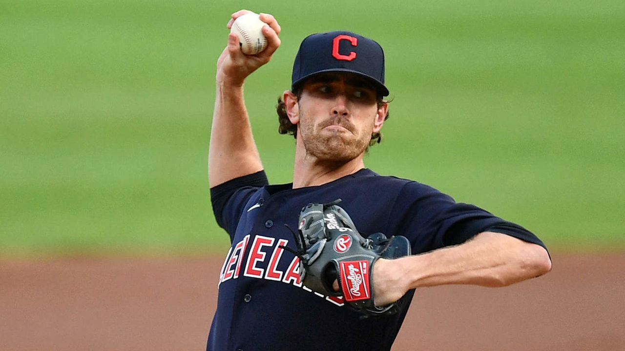 CINCINNATI, OH - AUGUST 4: Shane Bieber #57 of the Cleveland Indians pitches in the first inning against the Cincinnati Reds at Great American Ball Park on August 4, 2020 in Cincinnati, Ohio.