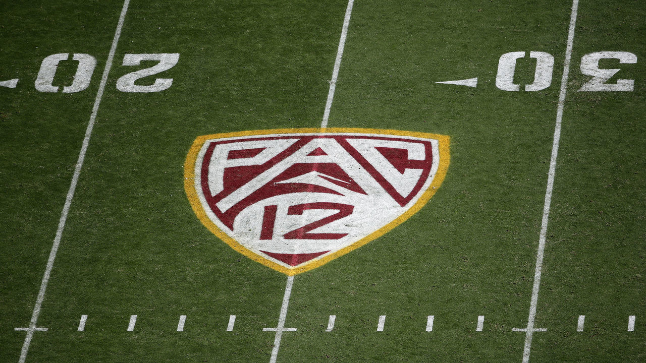 TEMPE, ARIZONA - NOVEMBER 09: Pac-12 logo on the field during the NCAAF game at Sun Devil Stadium on November 09, 2019 in Tempe, Arizona. The Trojans defeated the Sun Devils 31-26.