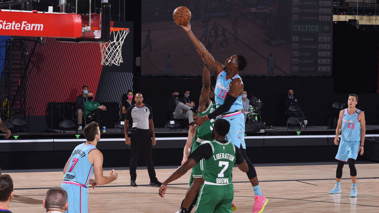 Orlando, FL - AUGUST 4: Bam Adebayo #13 of the Miami Heat shoots the ball against the Boston Celtics on August 4, 2020 at HP Field House at ESPN Wide World of Sports in Orlando, Florida. NOTE TO USER: User expressly acknowledges and agrees that, by downloading and/or using this Photograph, user is consenting to the terms and conditions of the Getty Images License Agreement. Mandatory Copyright Notice: Copyright 2020 NBAE