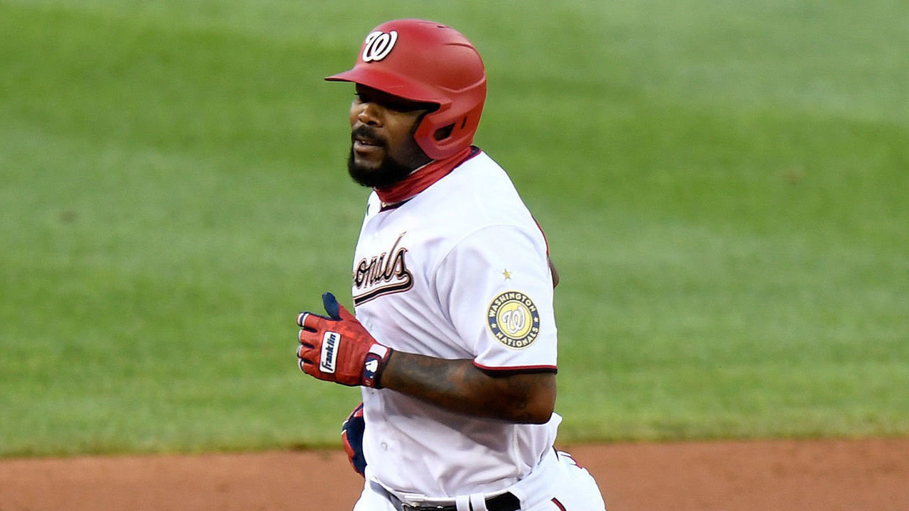 WASHINGTON, DC - AUGUST 04: Howie Kendrick #47 of the Washington Nationals rounds the bases after hitting a home run in the first inning against the New York Mets at Nationals Park on August 4, 2020 in Washington, DC.