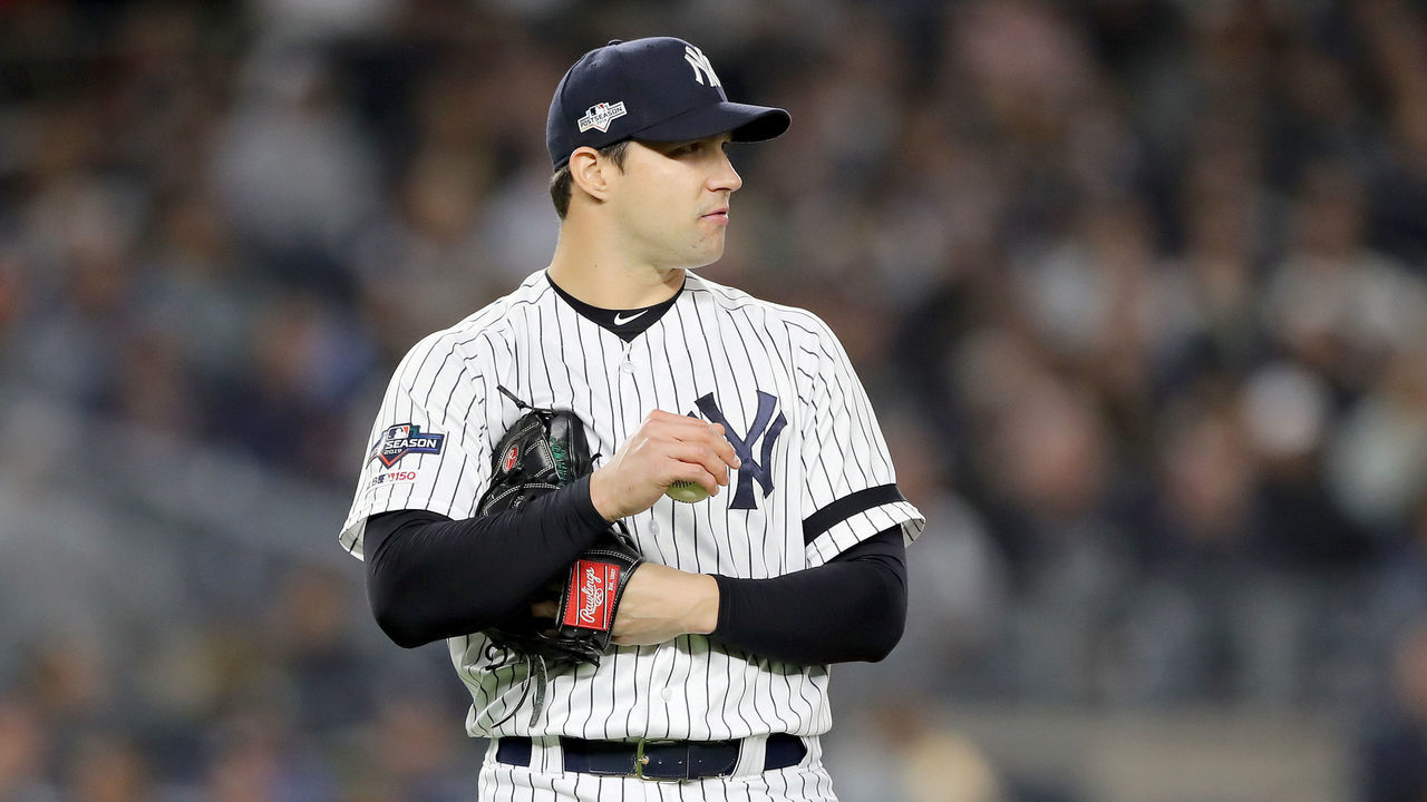 NEW YORK, NEW YORK - OCTOBER 04: Tommy Kahnle #48 of the New York Yankees reacts after giving up a solo home run hit by Miguel Sano #22 of the Minnesota Twins during the sixth inning in game one of the American League Division Series at Yankee Stadium on October 04, 2019 in New York City.