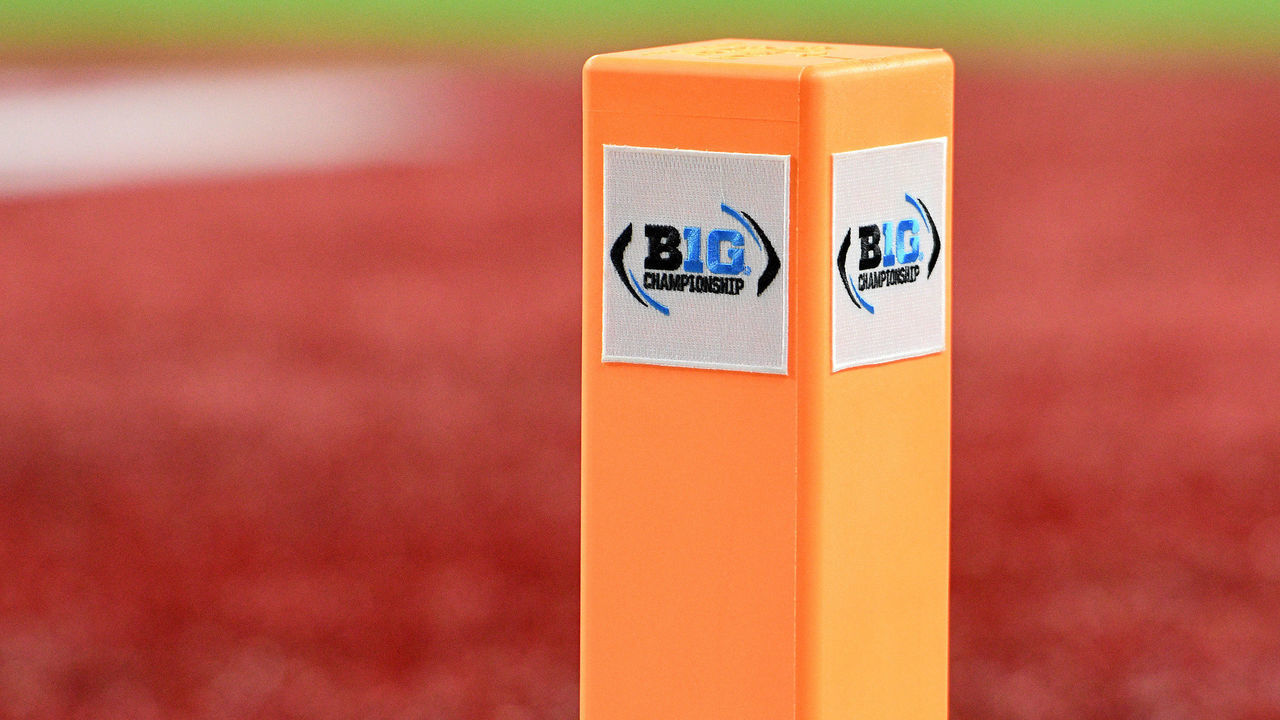 INDIANAPOLIS, IN - DECEMBER 07: The Big Ten logo is displayed on the pylon at the corner of an end zone during the Big Ten Conference Championship football game between the Wisconsin Badgers and the Ohio State Buckeyes on December 7, 2019, at Lucas Oil Stadium in Indianapolis, Indiana.