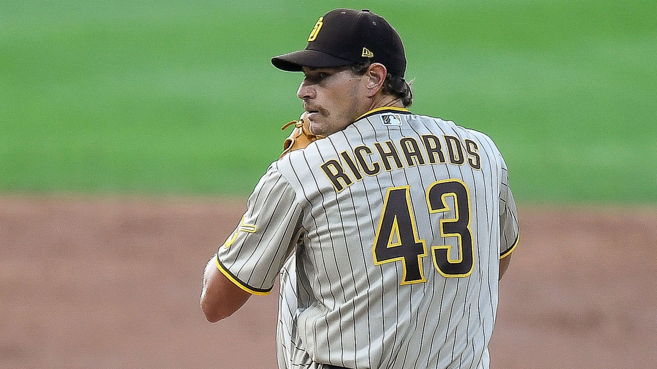 DENVER, CO - JULY 31: San Diego Padres starting pitcher Garrett Richards (43) pitches against the Colorado Rockies during the Rockies 2020 home opener at Coors Field in Denver, Colorado on July 31, 2020.