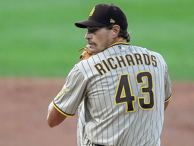 DENVER, CO - JULY 31: San Diego Padres starting pitcher Garrett Richards (43) pitches against the Colorado Rockies during the Rockies 2020 home opener at Coors Field in Denver, Colorado on July 31, 2020.