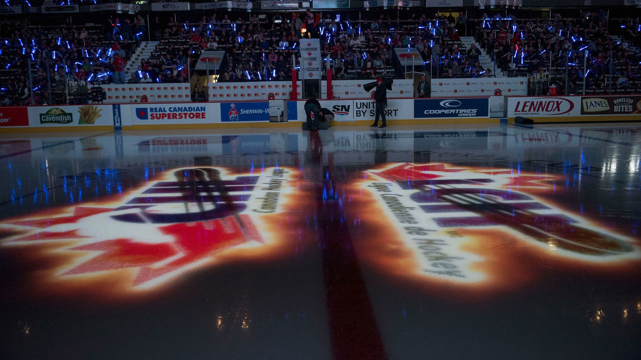 REGINA, SK - MAY 18: The CHL logo is reflected on the ice at the start of game one between the Regina Pats and the Hamilton Bulldogs at Brandt Centre - Evraz Place on May 18, 2018 in Regina, Canada.