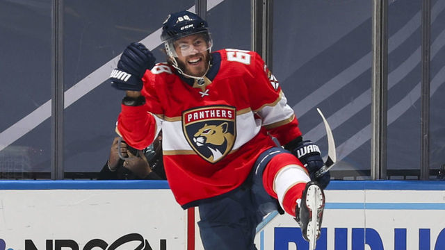 TORONTO, ONTARIO - AUGUST 05: Mike Hoffman #68 of the Florida Panthers celebrates his goal against the New York Islanders during the third period in Game Three of the Eastern Conference Qualification Round at Scotiabank Arena on August 05, 2020 in Toronto, Ontario.