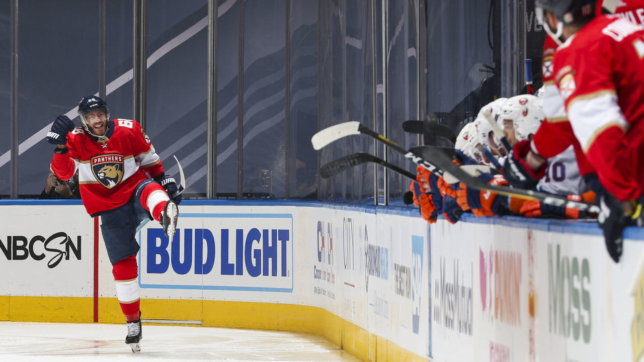 TORONTO, ONTARIO - AUGUST 05: Mike Hoffman #68 of the Florida Panthers celebrates his goal against the New York Islanders during the third period in Game Three of the Eastern Conference Qualification Round at Scotiabank Arena on August 05, 2020 in Toronto, Ontario.