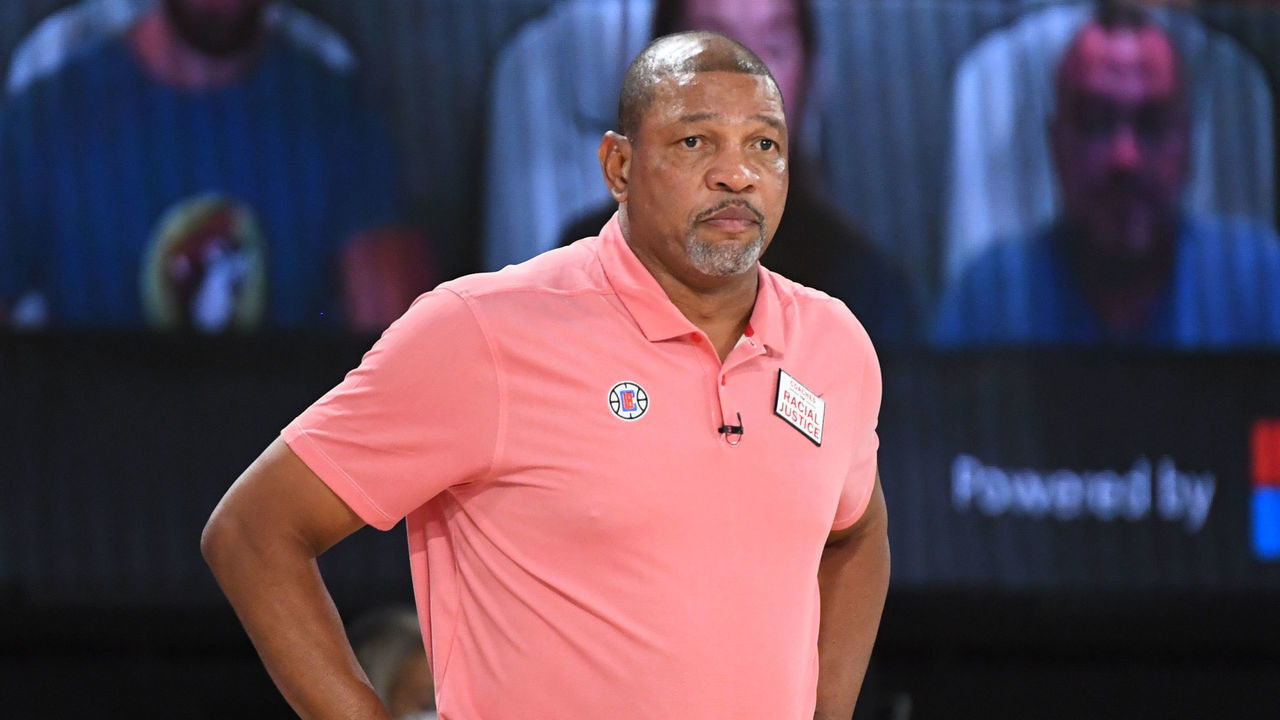 Orlando, FL - AUGUST 1: Head coach Doc Rivers of the LA Clippers looks on during the game on August 1, 2020 at HP Field House at ESPN Wide World of Sports in Orlando, Florida. NOTE TO USER: User expressly acknowledges and agrees that, by downloading and/or using this Photograph, user is consenting to the terms and conditions of the Getty Images License Agreement. Mandatory Copyright Notice: Copyright 2020 NBAE