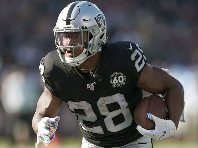 OAKLAND, CALIFORNIA - NOVEMBER 03: Josh Jacobs #28 of the Oakland Raiders scores on a two yard touchdown run against the Detroit Lions during the second quarter of an NFL football game at RingCentral Coliseum on November 03, 2019 in Oakland, California.