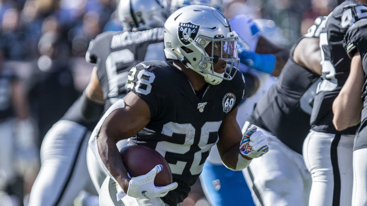 OAKLAND, CA - NOVEMBER 03: Oakland Raiders Running Back Josh Jacobs (28) runs toward the line during the NFL game between the Detroit Lions and Oakland Raiders on November 3, 2019 at RingCentral Coliseum in Oakland, CA.