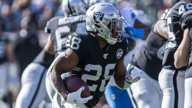 OAKLAND, CA - NOVEMBER 03: Oakland Raiders Running Back Josh Jacobs (28) runs toward the line during the NFL game between the Detroit Lions and Oakland Raiders on November 3, 2019 at RingCentral Coliseum in Oakland, CA.
