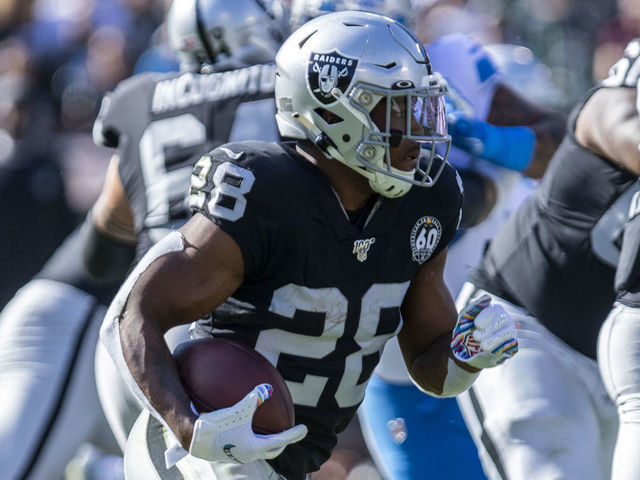 OAKLAND, CA - NOVEMBER 03: Oakland Raiders Running Back Josh Jacobs (28) runs toward the line during the NFL game between the Detroit Lions and Oakland Raiders on November 3, 2019 at RingCentral Coliseum in Oakland, CA.