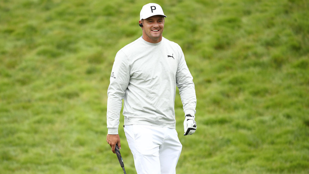 SAN FRANCISCO, CALIFORNIA - AUGUST 05: Bryson DeChambeau of the United States reacts during a practice round prior to the 2020 PGA Championship at TPC Harding Park on August 05, 2020 in San Francisco, California.