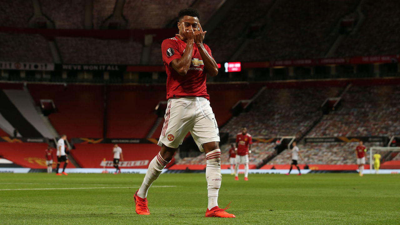 MANCHESTER, ENGLAND - AUGUST 05: Jesse Lingard of Manchester United celebrates scoring their first goal during the UEFA Europa League round of 16 second leg match between Manchester United and LASK at Old Trafford on August 05, 2020 in Manchester, England.