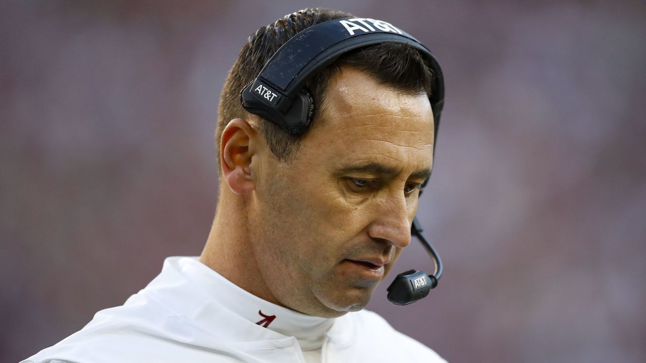 TUSCALOOSA, AL - NOVEMBER 09: Alabama Crimson Tide offensive coordinator / Quarterbacks coach Steve Sarkisian looks on during the first half against the LSU Tigers at Bryant-Denny Stadium on November 9, 2019 in Tuscaloosa, Alabama.