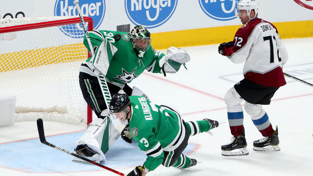 DALLAS, TEXAS - NOVEMBER 05: Ben Bishop #30 of the Dallas Stars blocks a shot on goal against the Colorado Avalanche after John Klingberg #3 of the Dallas Stars is hit by the puck at American Airlines Center on November 05, 2019 in Dallas, Texas.