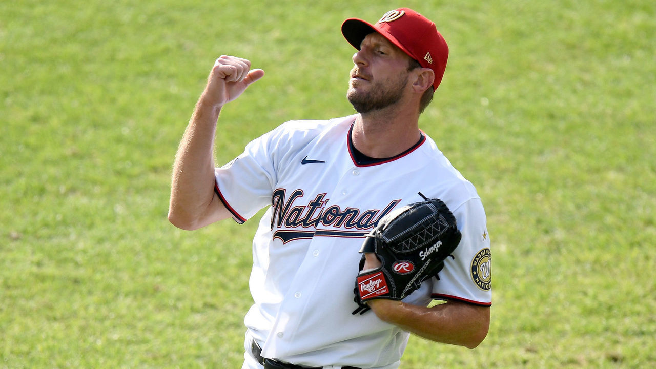 WASHINGTON, DC - AUGUST 05: Max Scherzer #31 of the Washington Nationals warms up before the game against the New York Mets at Nationals Park on August 5, 2020 in Washington, DC.