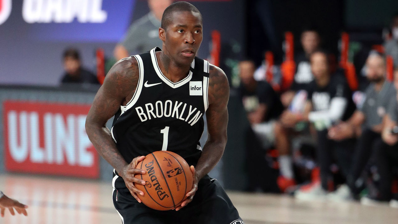 Orlando, FL - AUGUST 4: Jamal Crawford #1 of the Brooklyn Nets handles the ball during the game against the Milwaukee Bucks on August 4, 2020 at The Visa Athletic Center at ESPN Wide World Of Sports Complex in Orlando, Florida. NOTE TO USER: User expressly acknowledges and agrees that, by downloading and/or using this Photograph, user is consenting to the terms and conditions of the Getty Images License Agreement. Mandatory Copyright Notice: Copyright 2020 NBAE