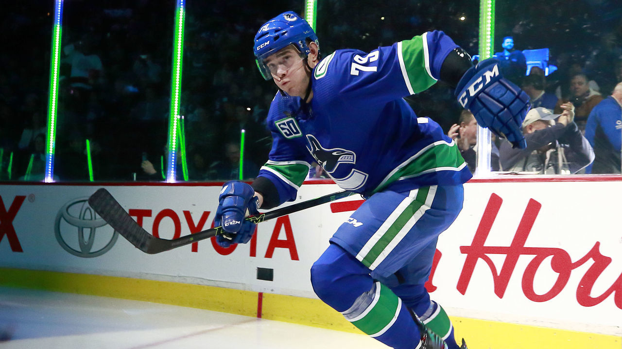 VANCOUVER, BC - DECEMBER 10: Micheal Ferland #79 of the Vancouver Canucks steps onto the ice during their NHL game against the Toronto Maple Leafs at Rogers Arena December 10, 2019 in Vancouver, British Columbia, Canada. "n