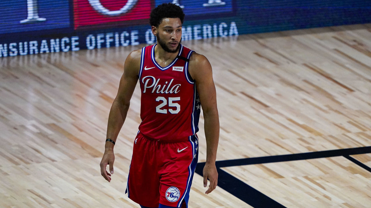 LAKE BUENA VISTA, FLORIDA - AUGUST 05: Ben Simmons #25 of the Philadelphia 76ers walks up the court during the first half of an NBA basketball game against the Washington Wizards at The Arena at ESPN Wide World Of Sports Complex on August 5, 2020 in Lake Buena Vista, Florida.