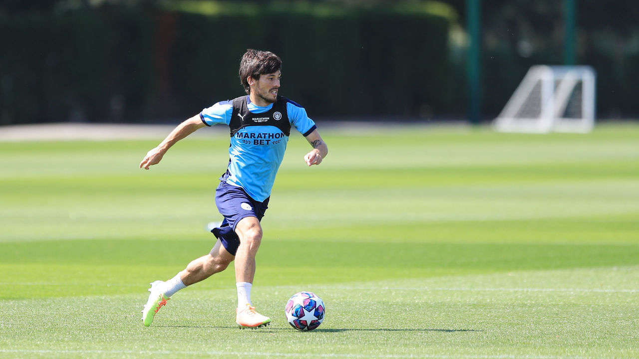 MANCHESTER, ENGLAND - JULY 31: David Silva of Manchester City in action during a training session at Manchester City Football Academy on July 31, 2020 in Manchester, England.