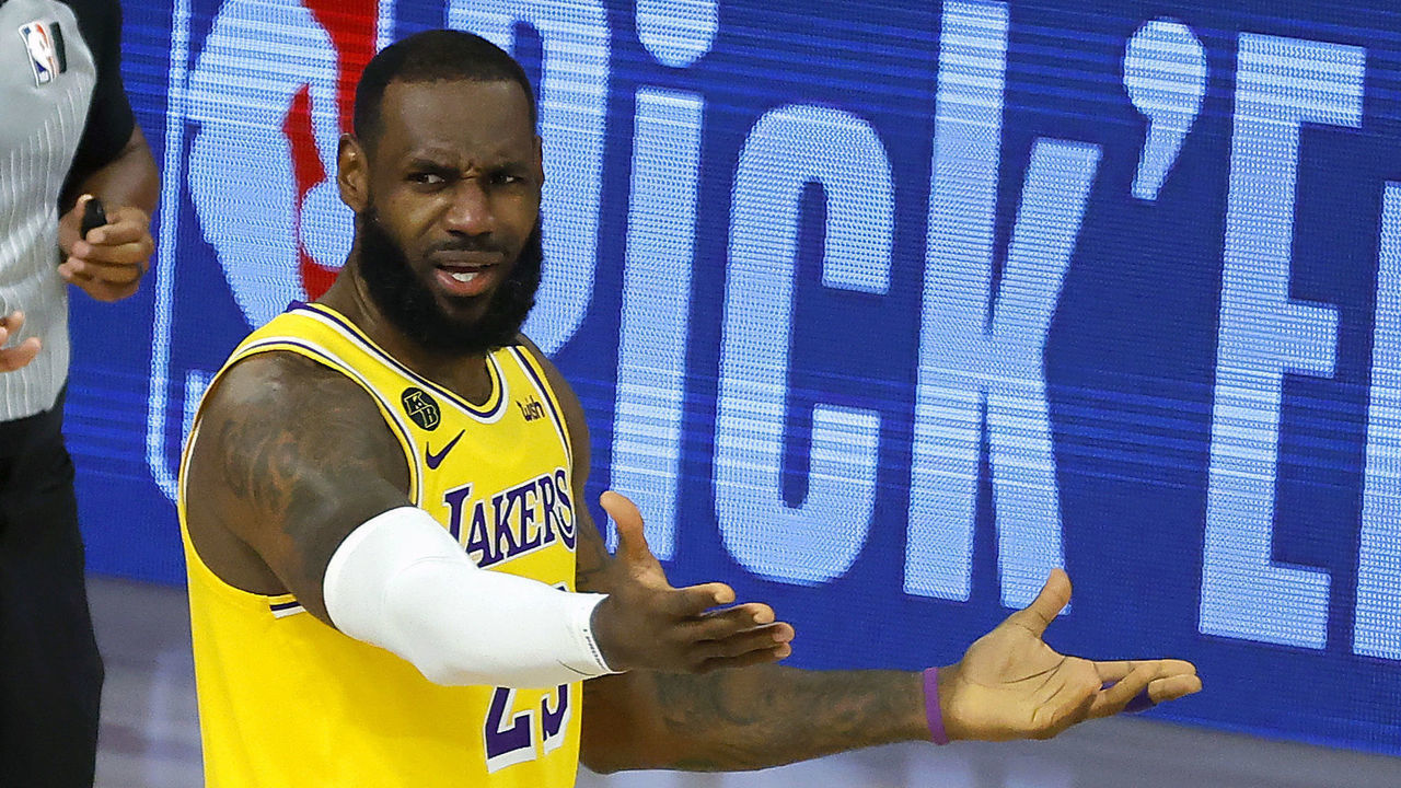 LAKE BUENA VISTA, FLORIDA - AUGUST 05: LeBron James #23 of the Los Angeles Lakers reacts to a call against the Oklahoma City Thunder during the third quarter at HP Field House at ESPN Wide World Of Sports Complex on August 05, 2020 in Lake Buena Vista, Florida.