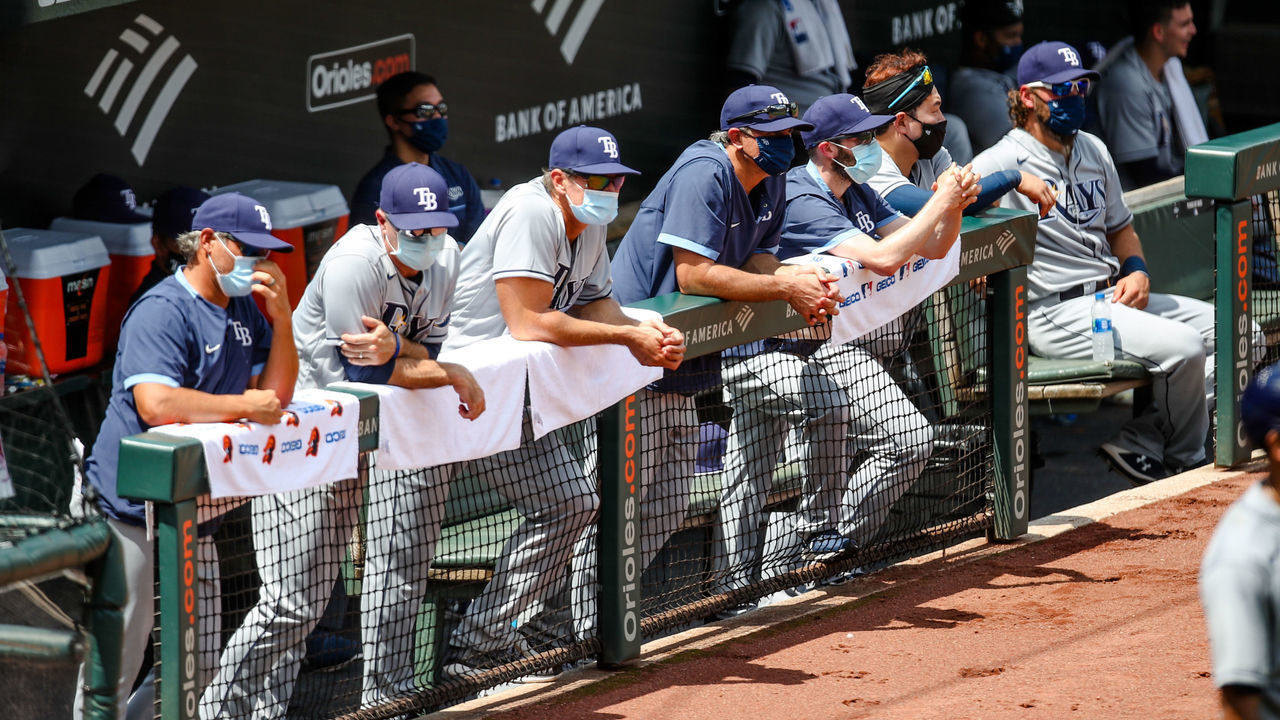 BALTIMORE, MD - AUGUST 02: Tampa Rays watch the game from the dugout during the game between the Tampa Bay Rays and the Baltimore Orioles on August 2, 2020 at Oriole Park at Camden Yards in Baltimore, MD