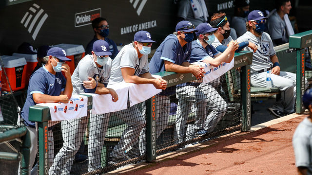 BALTIMORE, MD - AUGUST 02: Tampa Rays watch the game from the dugout during the game between the Tampa Bay Rays and the Baltimore Orioles on August 2, 2020 at Oriole Park at Camden Yards in Baltimore, MD
