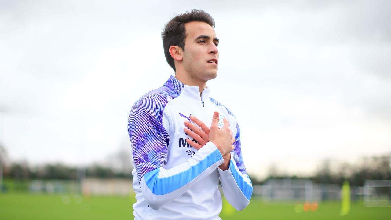MANCHESTER, ENGLAND - FEBRUARY 03: Manchester City's Eric Garcia in action during training at Manchester City Football Academy on February 03, 2020 in Manchester, England.
