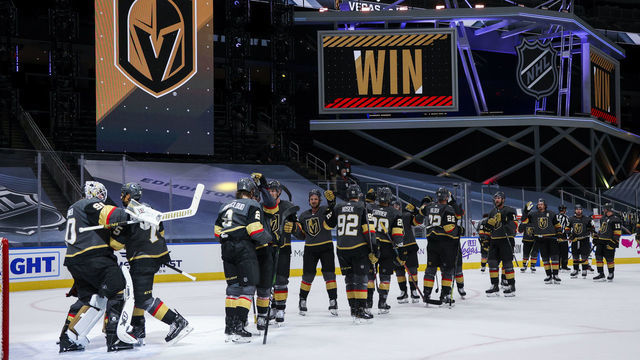 EDMONTON, ALBERTA - AUGUST 03: Robin Lehner #90 of the Vegas Golden Knights celebrates with teammate Ryan Reaves #75 after defeating the Dallas Stars in a Round Robin game during the 2020 NHL Stanley Cup Playoff at Rogers Place on August 03, 2020 in Edmonton, Alberta.